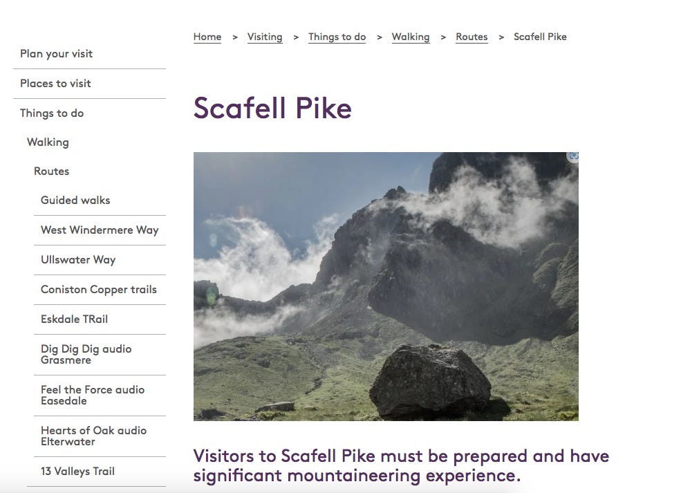 web page 'Scafell Pike' with picture of Sca Fell