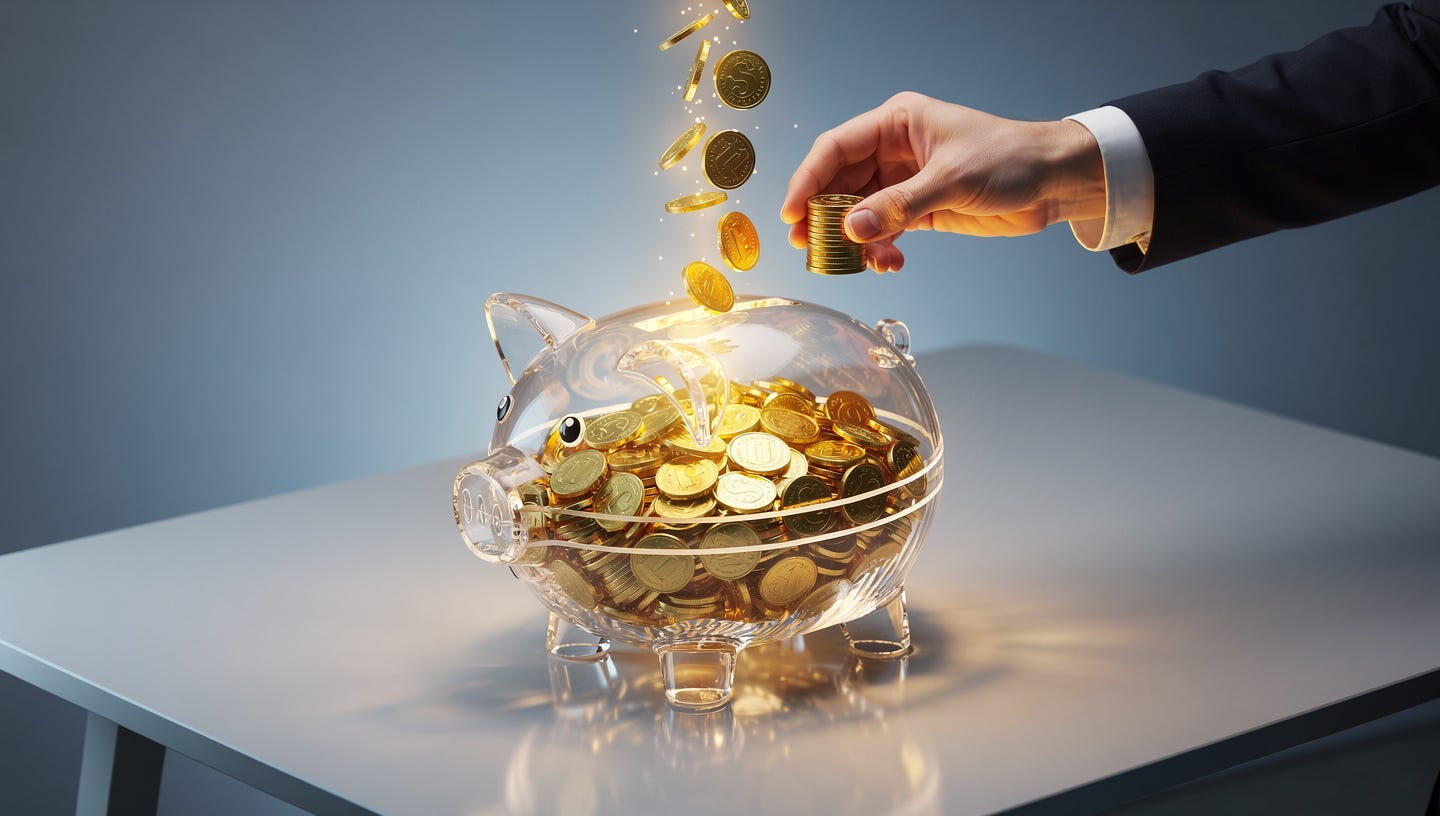 Una ilustración 3D isométrica de una hucha de cerdito de cristal transparente sobre un escritorio de oficina moderno. La hucha tiene una línea de nivel marcada. Se ven muchas monedas de oro cayendo dentro de forma continua (representando beneficios diarios), llenando la hucha por encima de la línea. Al mismo tiempo, una mano elegante con traje retira una pila de monedas de la parte superior (el dividendo), haciendo que el nivel del dinero dentro de la hucha vuelva exactamente a la línea de nivel inicial. Fondo azul corporativo suave, iluminación cálida en las monedas, renderizado de alta calidad.