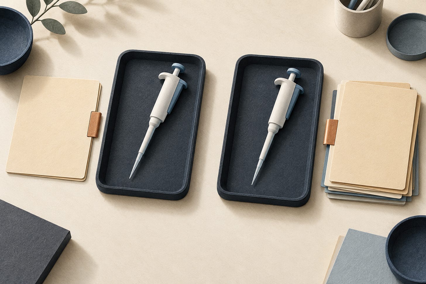 Conceptual illustration of two laboratory pipettes in trays beside a folder and a stack of folders. Conceptual illustration of two laboratory pipettes in trays beside a folder and a stack of folders.