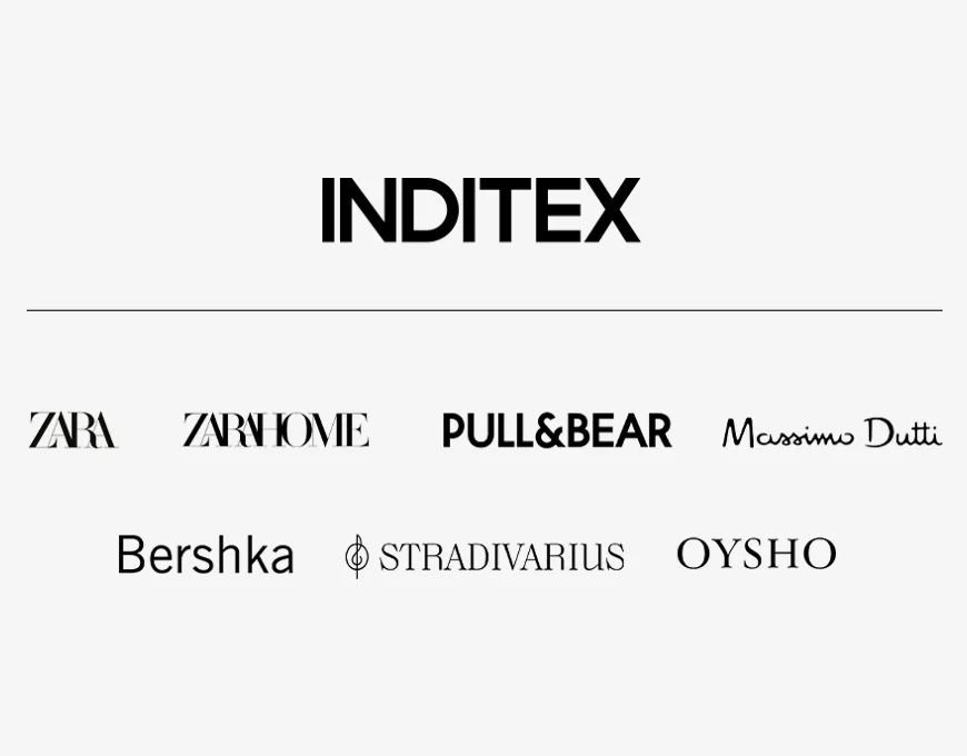 Todas las marcas de INDITEX en letras negras sobre fondo blanco: Zara, Zara Home, Pull&Bear, Massimo Dutti, Bershka, Stradivarius, Oysho