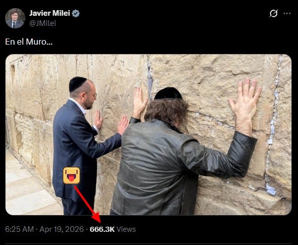 May be an image of the Western Wall and text that says 'Javier JavierMilei Milei En EnelMuro... el Muro... 666.3'