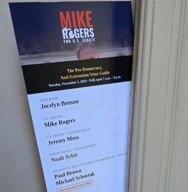 A Mike Rogers for U.S. Senate 'Pro-Democracy, Anti-Extremism Voter Guide' listing Jocelyn Benson, Mike Rogers, Jeremy Moss and Noah Arbit A Mike Rogers for U.S. Senate 'Pro-Democracy, Anti-Extremism Voter Guide' listing Jocelyn Benson, Mike Rogers, Jeremy Moss and Noah Arbit