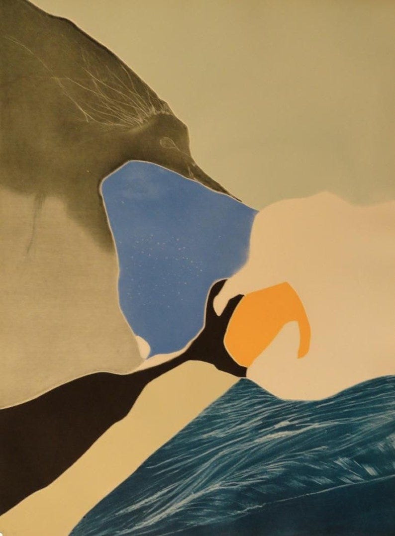 May include: Abstract art print featuring a layered design with shades of blue, white, orange, and black. The print has a textured, hand-painted look.