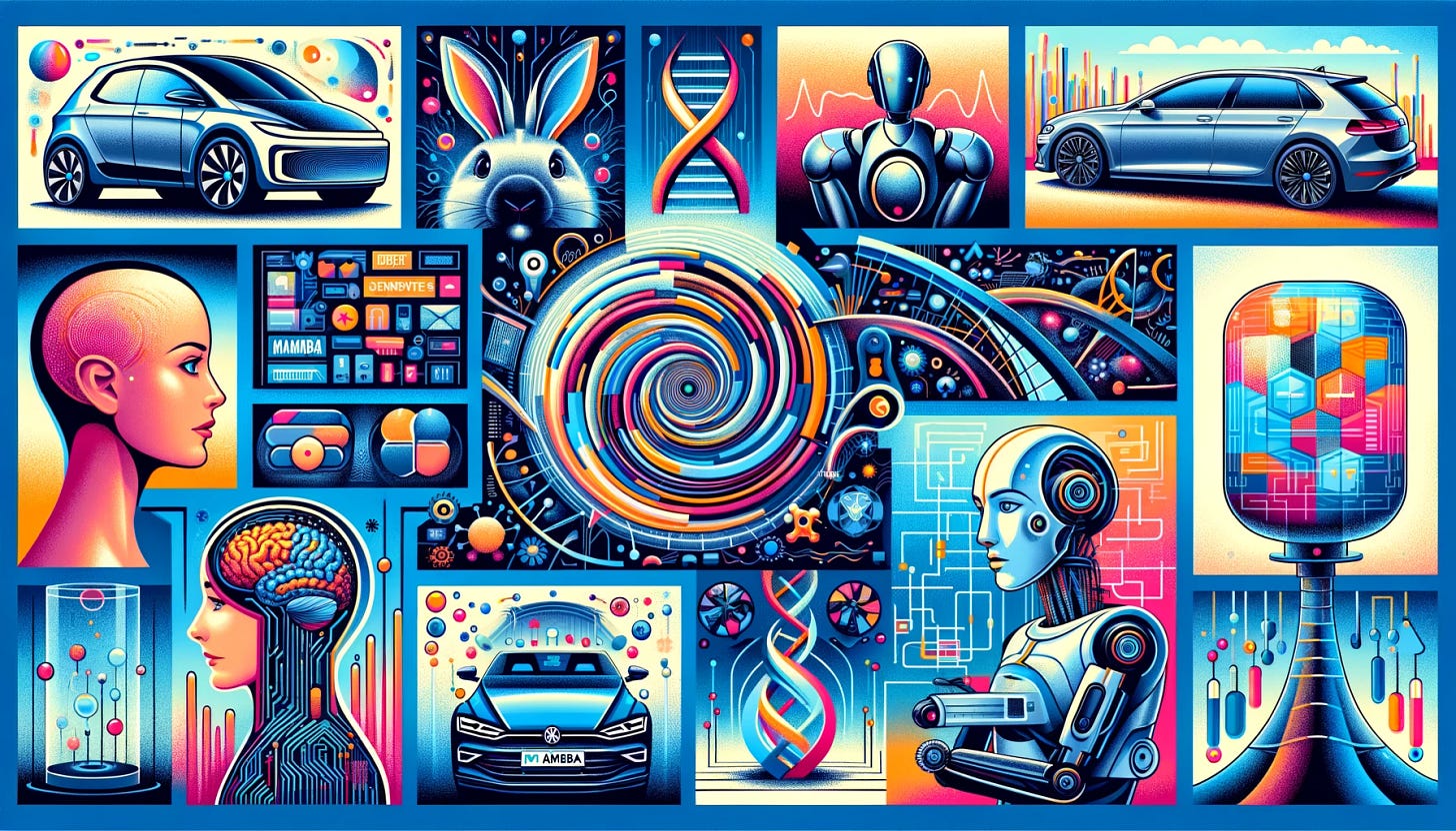 Create a futuristic collage illustrating AI innovations. Include Rabbit's AI-powered device R1 as a sleek, modern gadget with interactive apps. Show Volkswagen's car with AI integration, featuring a high-tech dashboard and intelligent systems. Illustrate Boston Dynamics' robot Spot in an interactive scenario with humans, symbolizing advanced robotics. For 'Mamba', depict an abstract visualization of sequence modelling with flowing lines and DNA-like structures, highlighting its use in genomics and language processing. Represent 'Mixtral 8x7B' as a digital brain with circuits and code, showcasing its capabilities in reasoning, code interpretation, and math. Emphasize the breakthrough nature of these innovations with a vibrant and dynamic composition, using a color scheme that reflects technological advancement and the future of AI.