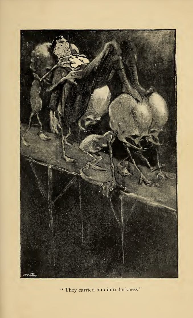 Illustration of a man being carried off by indescribable beasts from From “The First Men In The moon” by H. G. Wells, 1901