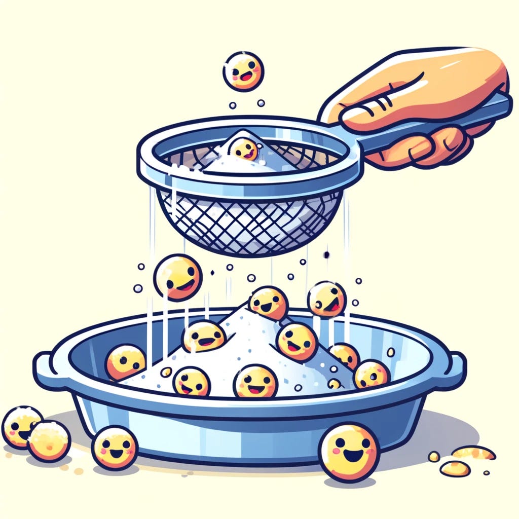 Create a cartoon-style image of table salt being filtered. The scene should show salt grains being poured through a filter or sieve, with some grains falling through and others being held back. Use bright and cheerful colors, and give the salt grains a bit of character, maybe with small faces or expressions to add a fun element. The filter should be clearly visible, and the overall style should be playful and engaging.