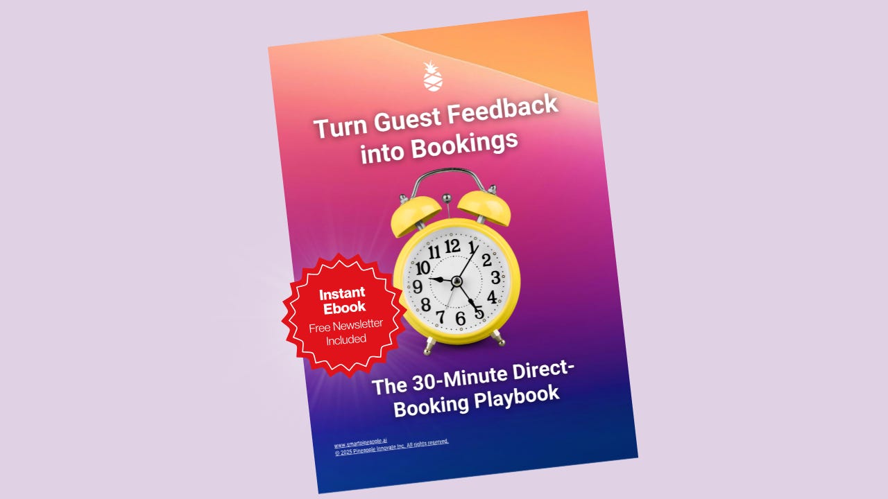 Smart Pineapple Playbook cover showing yellow clock on a coral-to-blue gradient with title ‘Turn Guest Feedback into Bookings.
