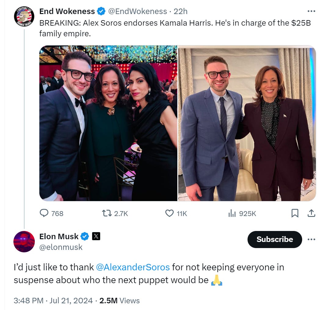 Elon Musk tweet accusing George Soros' son Alexander of being Kamala Harris's puppetmaster.