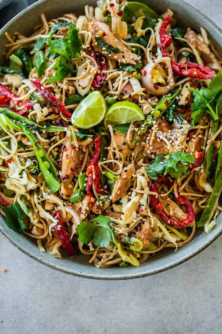 Green Zucchini Rice Noodles With Thai Pesto & Thai Chicken Noodle Salad