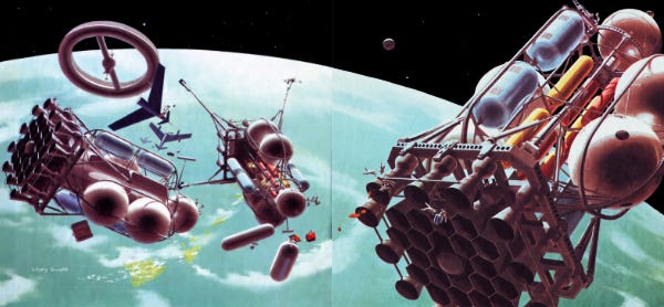 Constructing the moonships in the space station’s orbit, Conquest of the Moon, 1952, endpapers (Credit: Chesley Bonestell) Constructing the moonships in the space station’s orbit, Conquest of the Moon, 1952, endpapers (Credit: Chesley Bonestell)