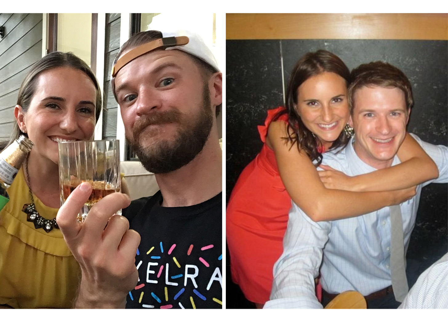 Two siblings doing a toast on the left, and embracing on the right Two siblings doing a toast on the left, and embracing on the right