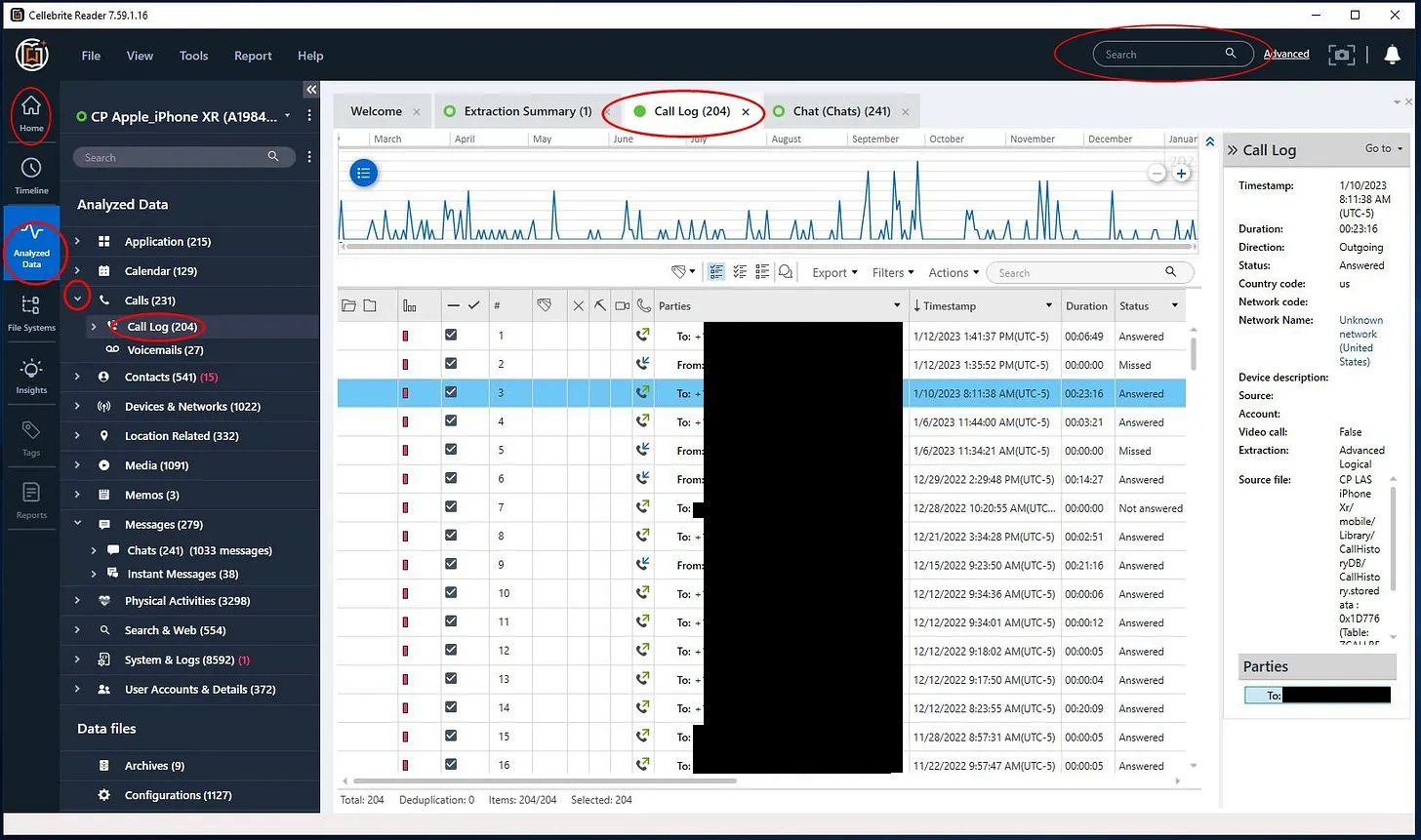 A screenshot of a Cellebrite phone extraction report opened in Cellebrite Reader with some navigation options circled in red