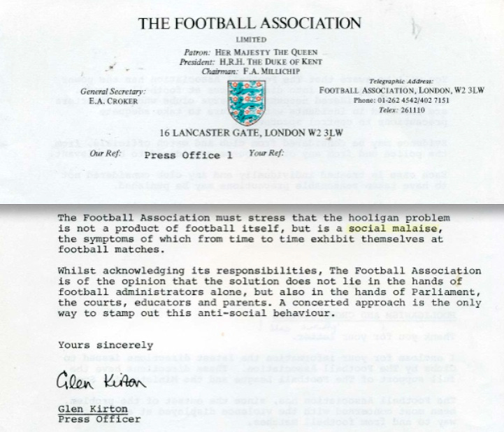S Bridge letter from FA 1985