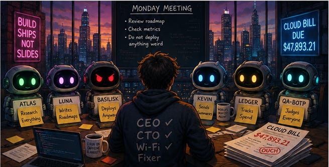 Title: Two humans, six AI agents and one terrifying cloud bill - Description: Illustration of a startup founder facing six AI robot agents and a large cloud-computing bill.
