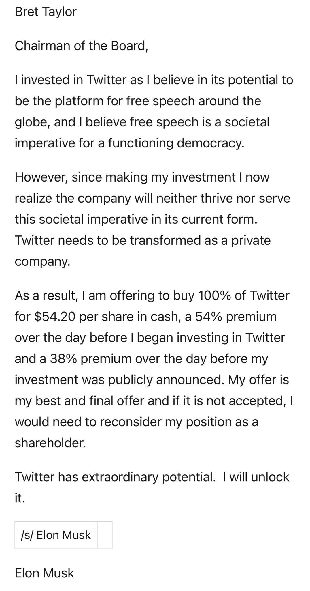 Dave Lee on X: "“Twitter has extraordinary potential. I will unlock it.” - @ elonmusk Here's Elon Musk's offer to buy out Twitter.  https://t.co/ydk3yvpWki" / X