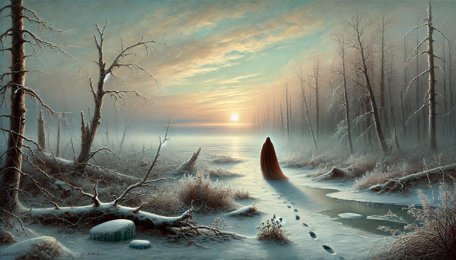 A romanticism-style landscape painting that symbolizes emotional numbness and renewal. The scene features a frozen, barren forest under a pale, cloudy sky with a faint, golden sunrise breaking through the horizon, symbolizing hope. In the foreground, a figure wrapped in a warm cloak walks through the frosty terrain toward the light, leaving footprints in the snow. Small signs of life, like sprouting flowers or melting ice, emerge subtly in the path they leave behind, suggesting healing and warmth returning to the scene.