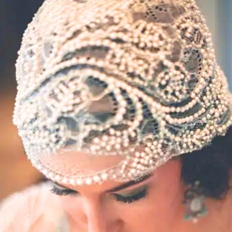 ceramic bowl, cathedral arches, lace skull cap