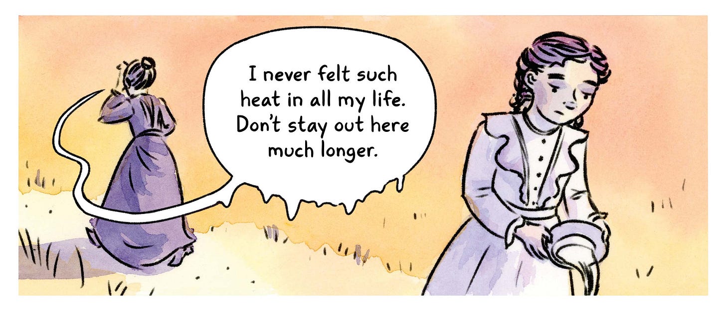 Watercolor comic page from graphic novelist K. Woodman-Maynard’s graphic novel adaptation of Tuck Everlasting.
