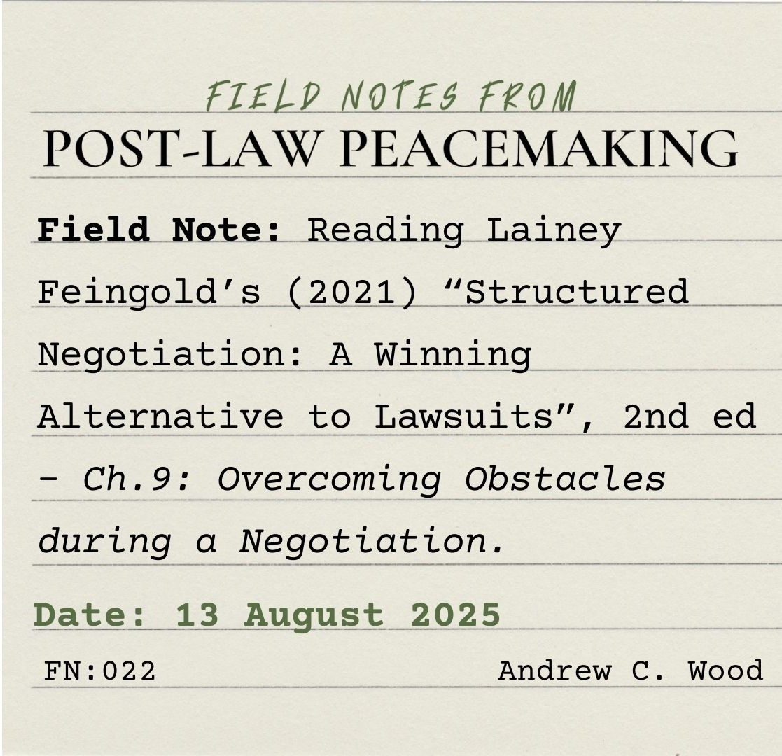 A square, lined index card on which is typed: "Field Notes from Post-Law Peacemaking. Field Note: Reading Lainey Feingold's (2021) "Structured Negotiation: A Winning Alternative to Lawsuits", 2nd ed - Ch.9: Overcoming Obstacles during a Negotiation. Date: 13 August 2025. FN:022. Andrew C. Wood"