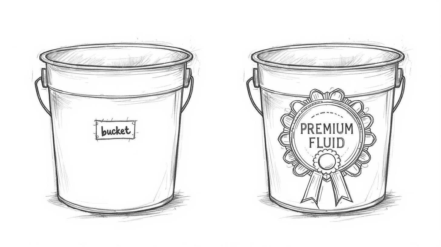 Two identical buckets, one with a plain label, one with an elaborate official placard.