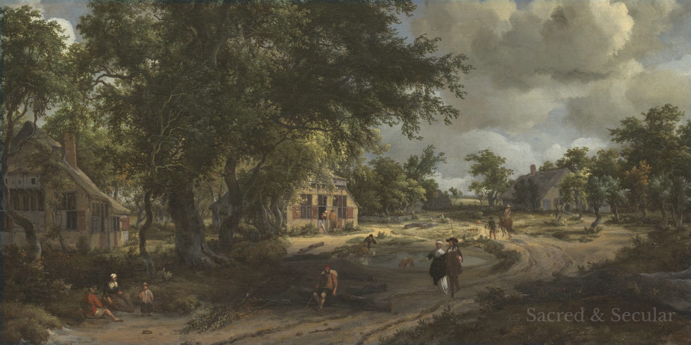 A seventeenth-century landscape painting by Meindert Hobbema showing a country road winding through trees and buildings beneath a wide sky. Small figures travel along the road as it disappears into the distance, suggesting a journey whose destination cannot yet be fully seen. A seventeenth-century landscape painting by Meindert Hobbema showing a country road winding through trees and buildings beneath a wide sky. Small figures travel along the road as it disappears into the distance, suggesting a journey whose destination cannot yet be fully seen.