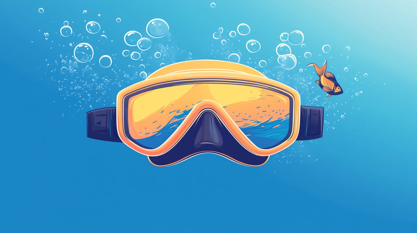 Diving goggles in water with bubbles and a fish behind. 