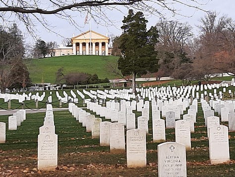 Collage of photos from the historic Arlington House, including photos of the massive columns with gravestones in the foreground, interior photos of the dining room and parlor, and a tomb marking the site of more than 2,000 unknown soldiers.