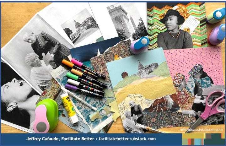 tabletop covered with collage supplies including pictures, paper, markers, scissors, and a gluestick tabletop covered with collage supplies including pictures, paper, markers, scissors, and a gluestick