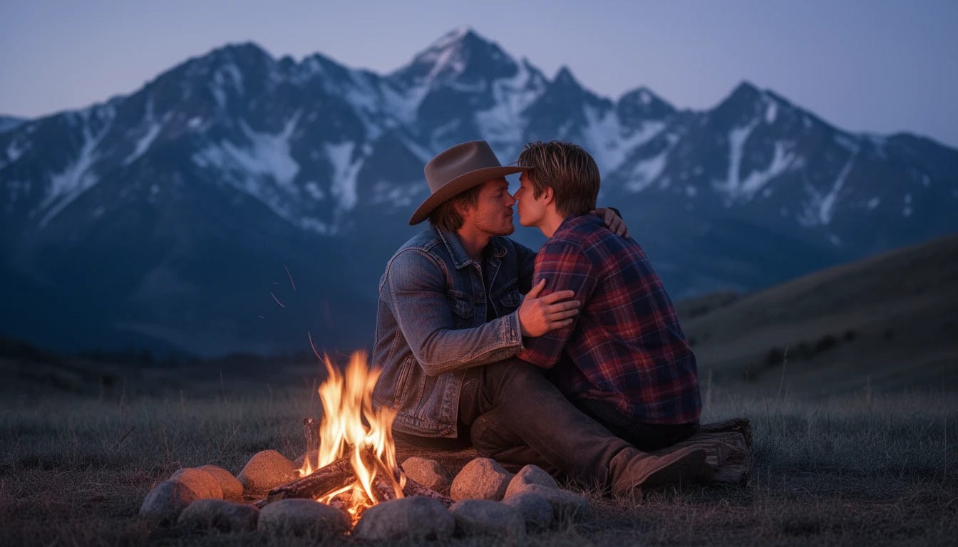 Two gay cowboys Heath Ledger and Jake Gyllenhall making out with each other in Brokeback Mountain
