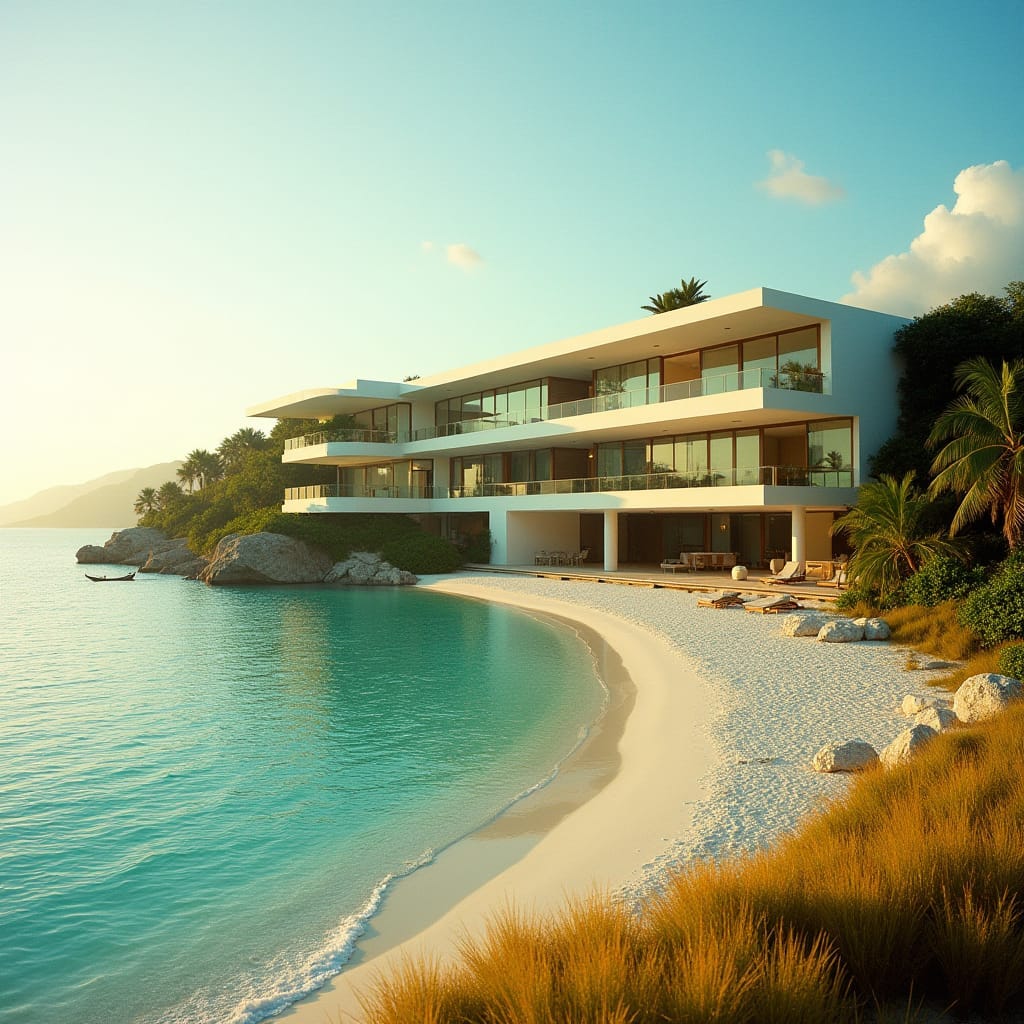 Magnificent modern Jamaican villa with expansive windows, cantilevered platforms, and dramatic protuberances, set directly on the pristine beach in Montego Bay, coast, with turquoise Caribbean waters stretching to the horizon.
