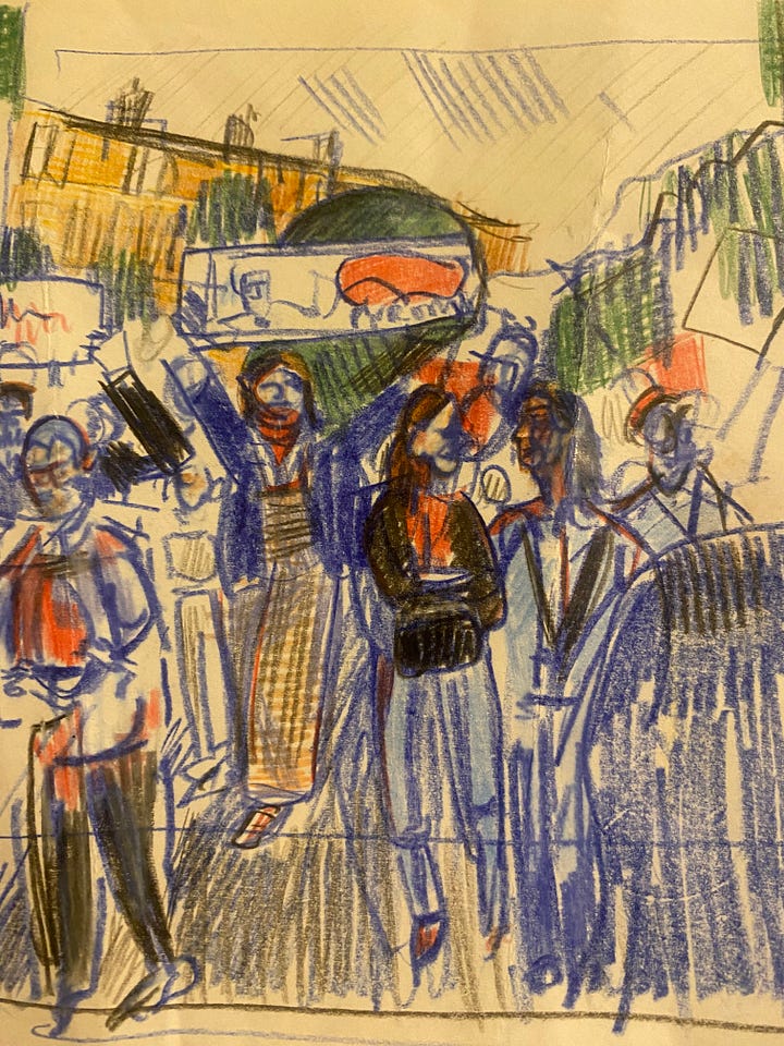 Pencil drawings of busy protests in Paris