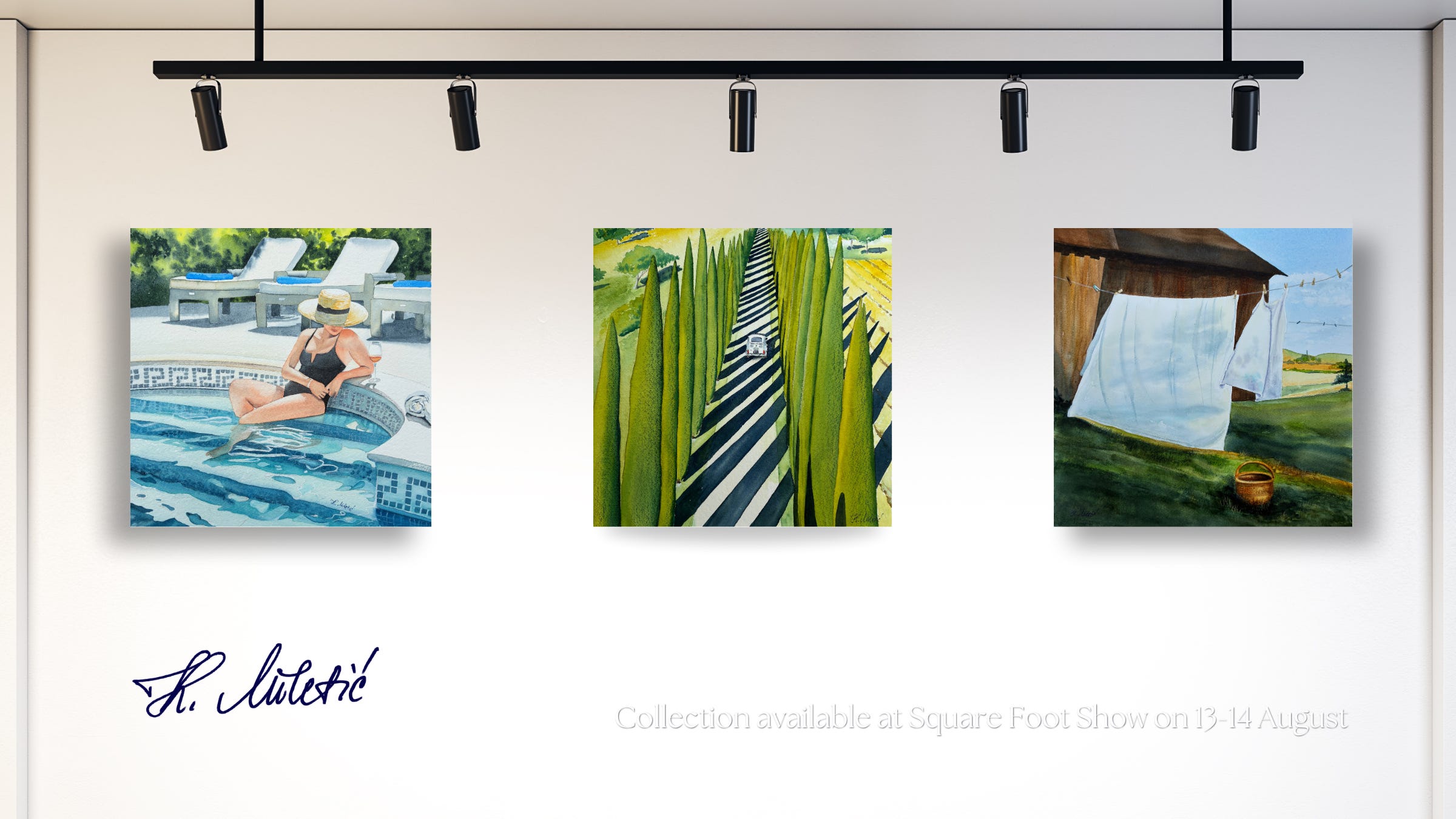 Three watercolour paintings on a white gallery wall depicting that summer feeling: By the pool, Summer Beats, and Fresh Linen, signed by author Katarina Miletic
