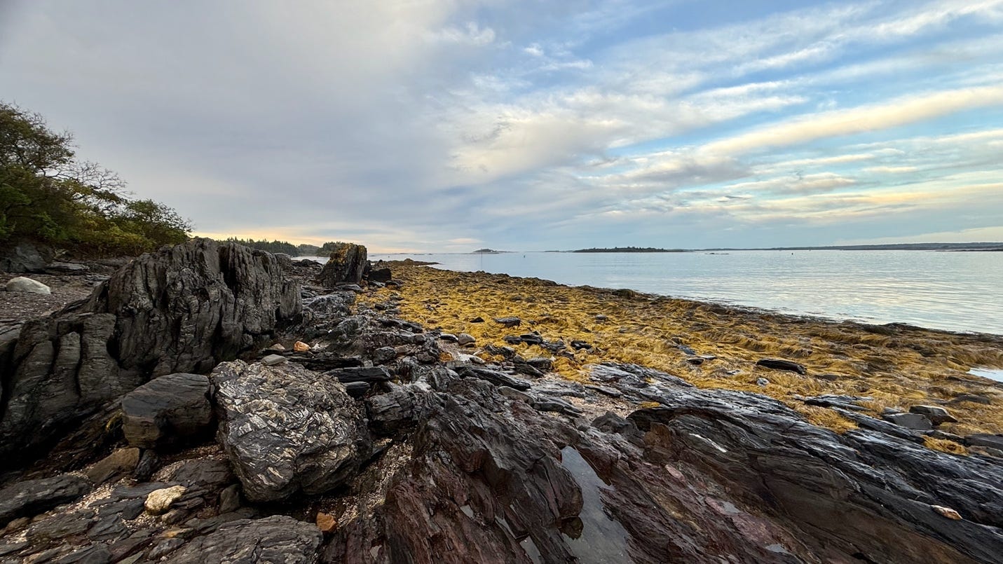 A rocky shore with water and clouds

AI-generated content may be incorrect.