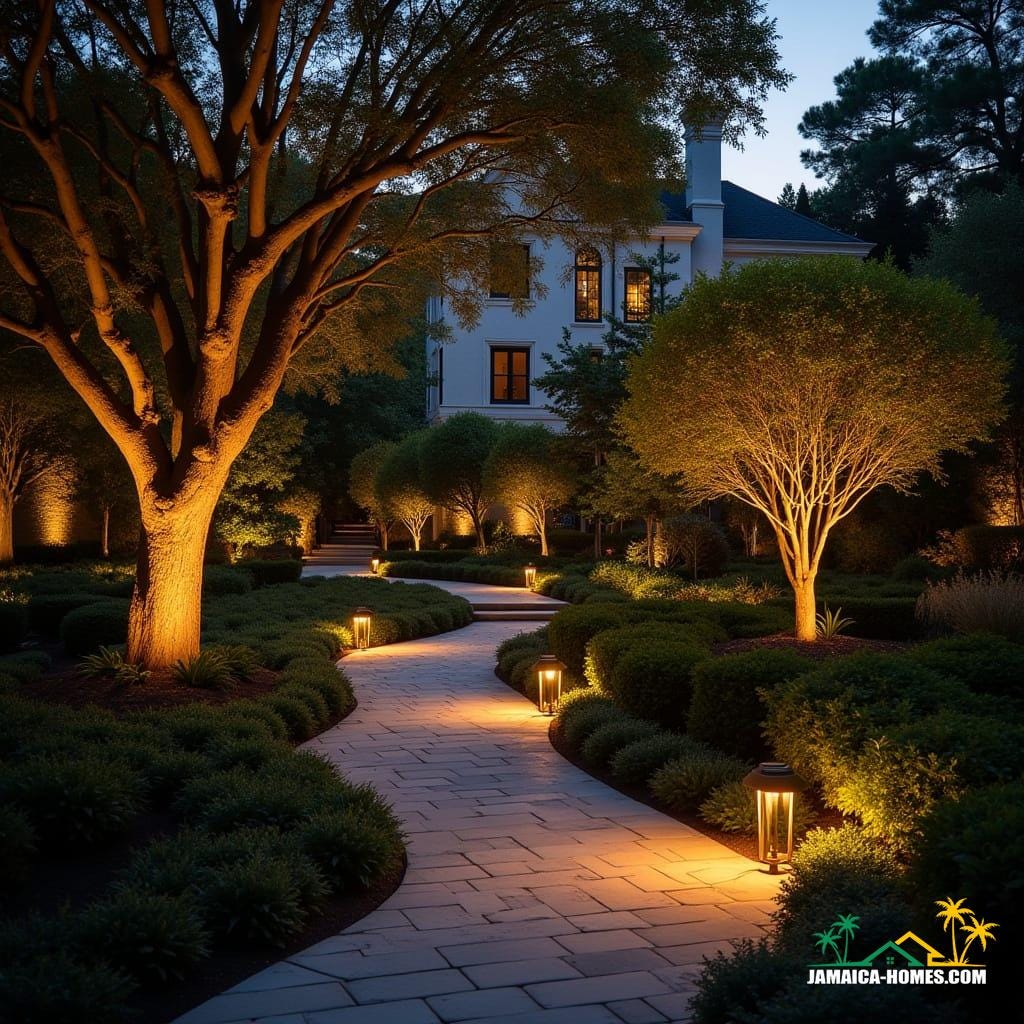 Warm golden hour evening scene of a serene garden illuminated by solar-powered outdoor lighting, showcasing energy-efficient LED lights accentuating winding pathways, majestic trees, and beautiful water features, with the elegant home subtly visible in the soft, atmospheric background. Inspired by the cinematic styles of Emmanuel Lubezki, Roger Deakins, and Hoyte van Hoytema, with a warm, filmic aesthetic