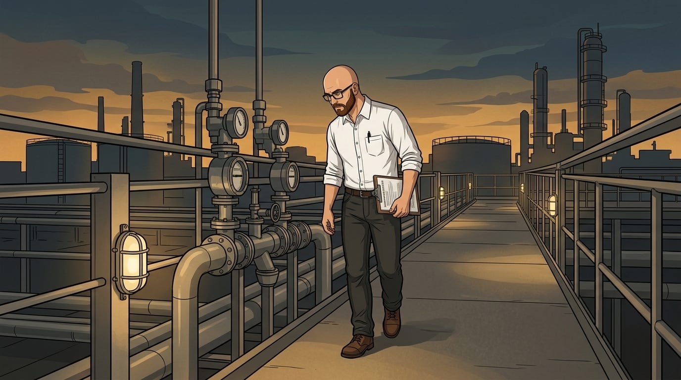 The investigator walks an industrial refinery gantry at dusk inspecting steel pipeline manifolds and pressure flow meters.