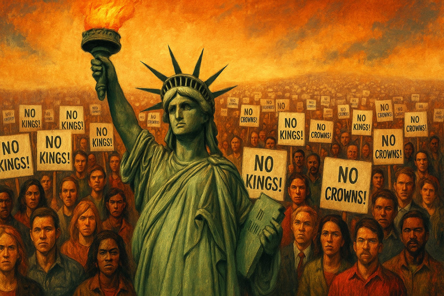 Image of Lady Liberty leading a massive No Kings day protest Image of Lady Liberty leading a massive No Kings day protest