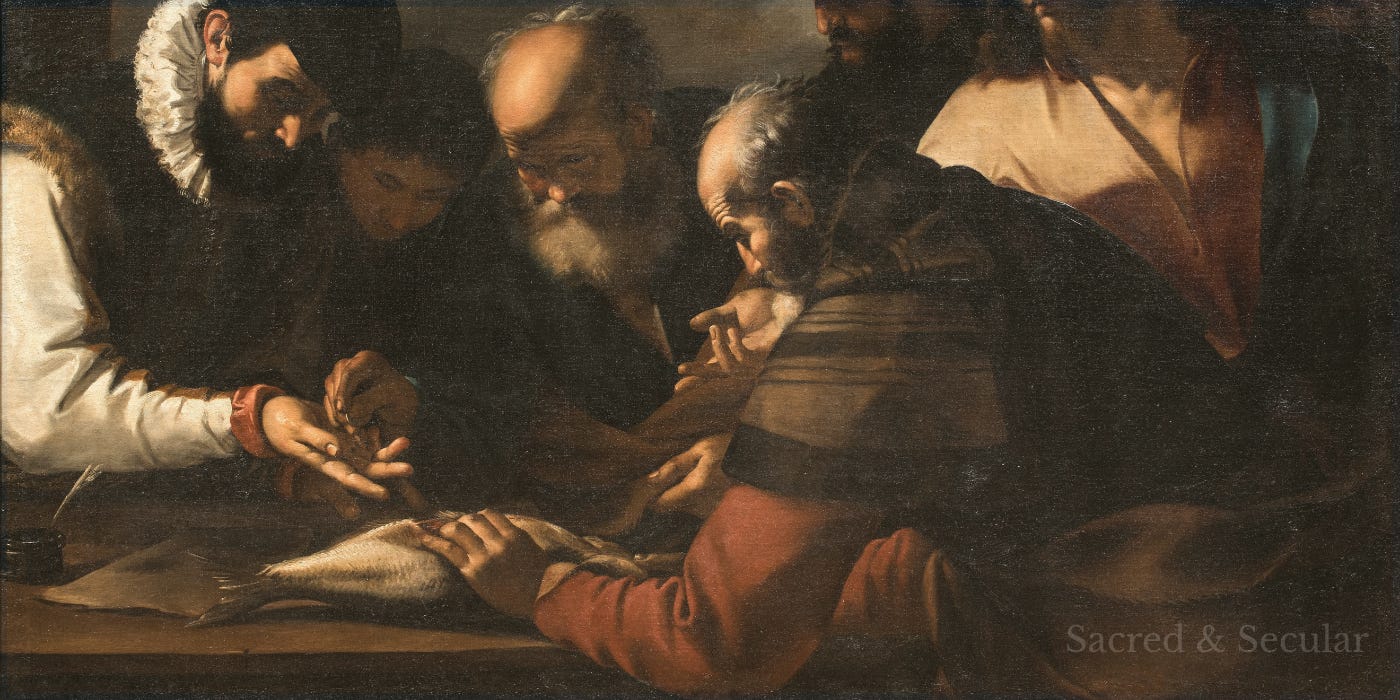 Peter examines a coin found inside a fish’s mouth while Jesus and several disciples gather closely around him. Warm light illuminates the coin at the centre of the dark interior scene. Peter examines a coin found inside a fish’s mouth while Jesus and several disciples gather closely around him. Warm light illuminates the coin at the centre of the dark interior scene.