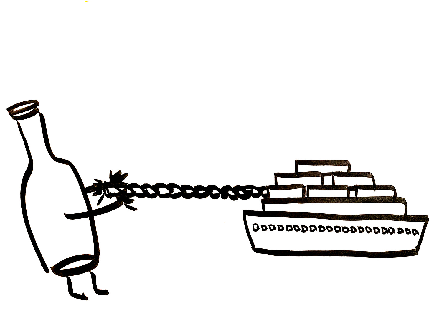 An anthropomorphic wine bottle tugs a container ship