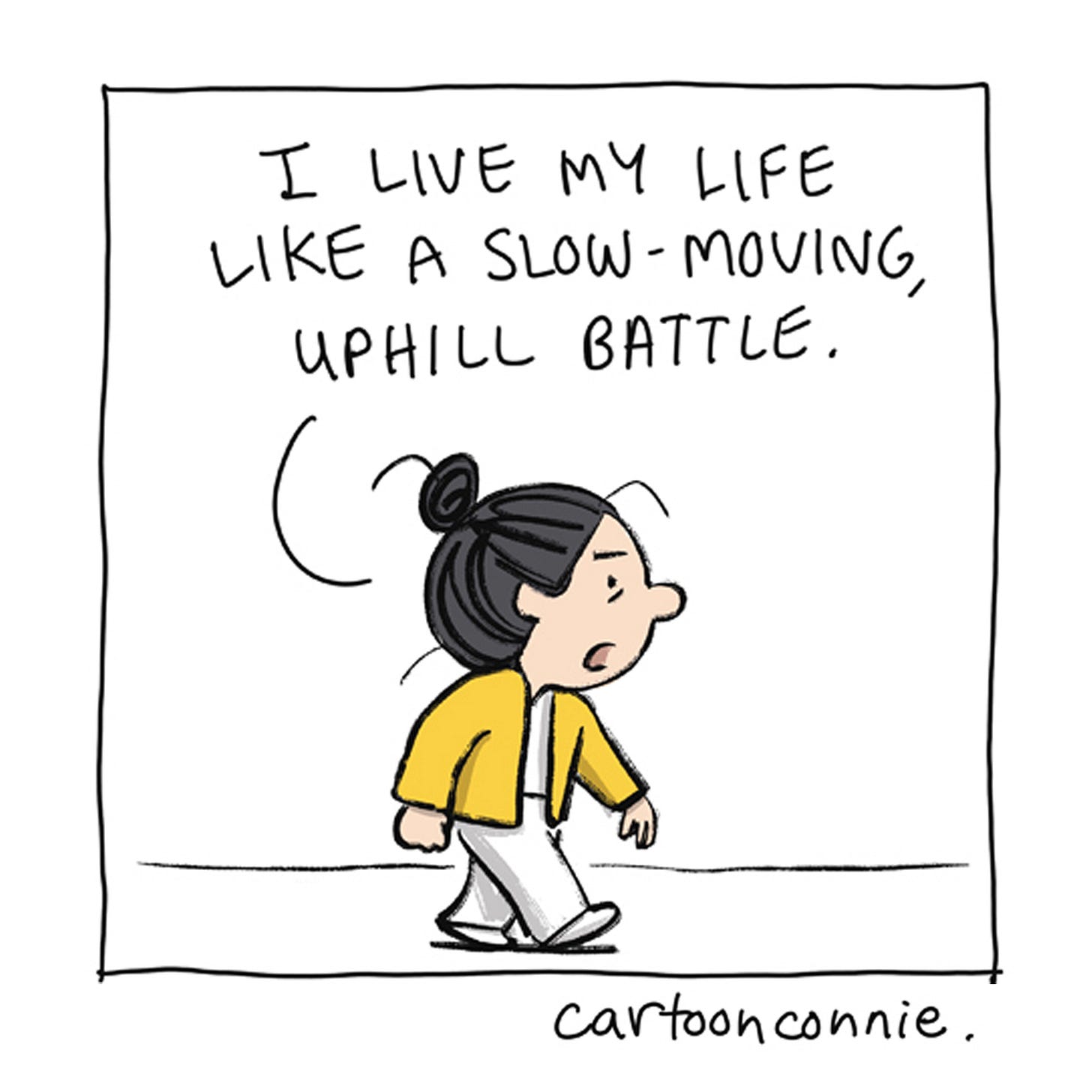 Panel 6/6 of a comic strip titled "The Life of a Writer," 2026, by Connie Sun, cartoonconnie, featuring a cartoon girl talking to an elephant in the artist's signature style.