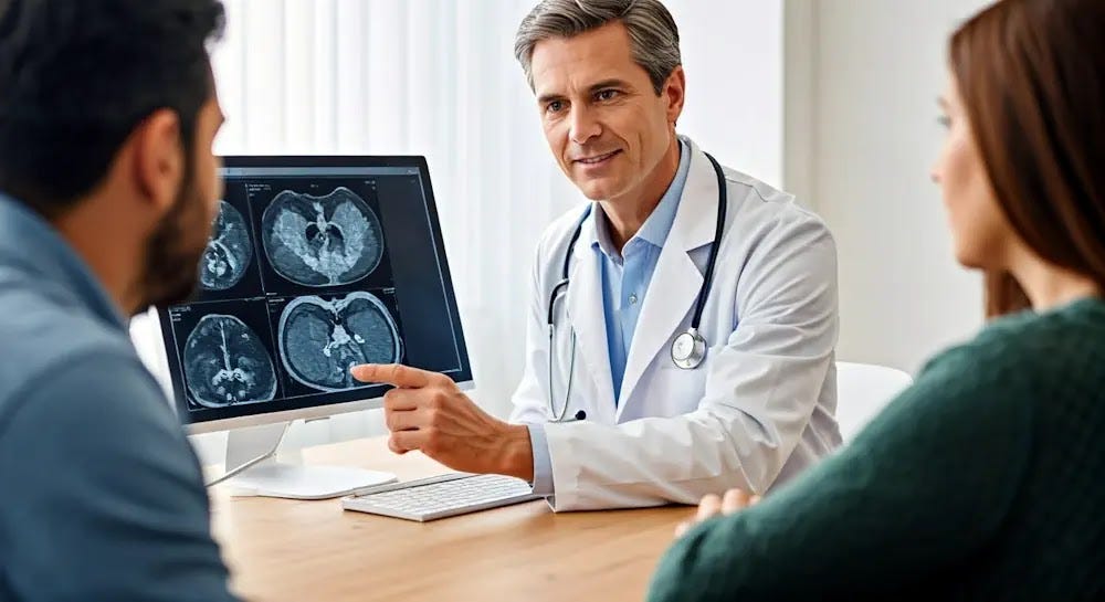 A doctor sits at a desk with a patient, pointing out a liver scan shown on a computer screen.