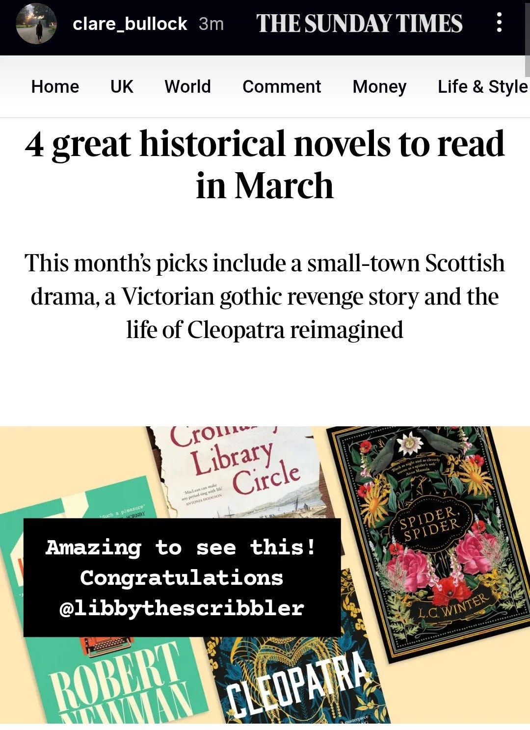 A screenshot showing The Times header above '4 great historical novels to read in March', a subheading and a picture of four books including Spider, Spider.