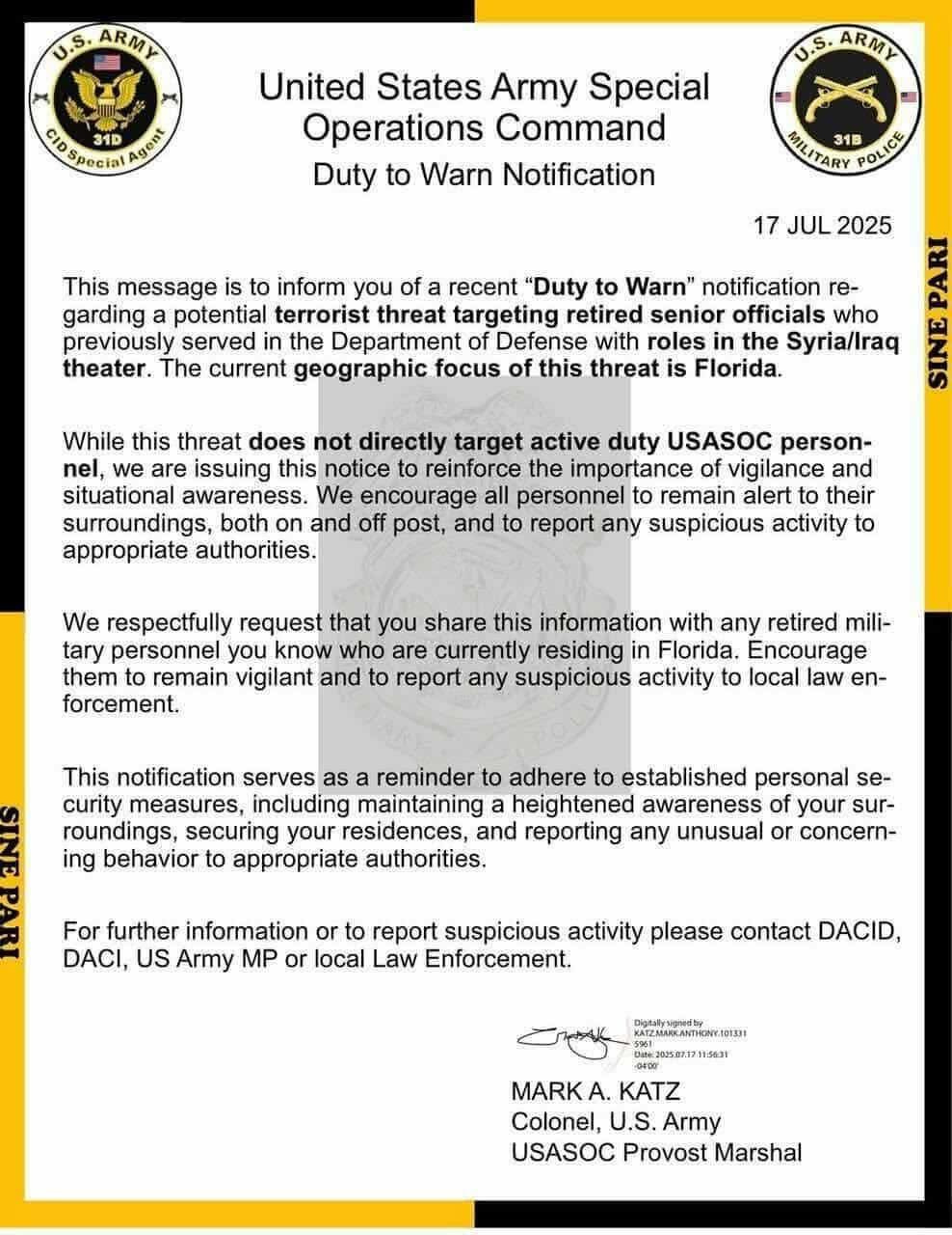 Warning Army Duty to Warn: U.S. Army Alerts Retired Officials of Terror Threat in ...