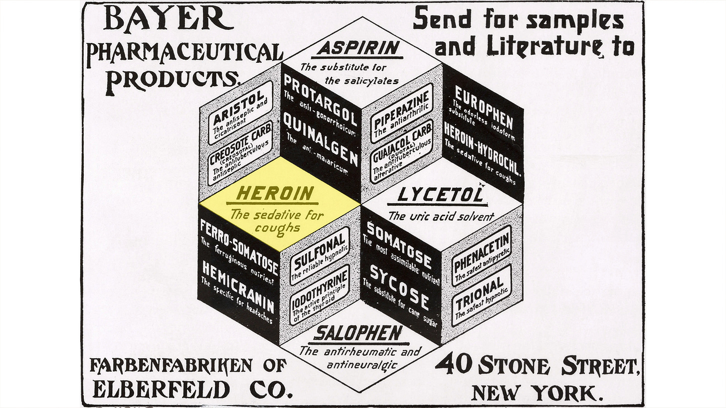 1911 Bayer advertisement promoting various pharmaceutical products, including heroin, as remedies for coughs and other ailments.