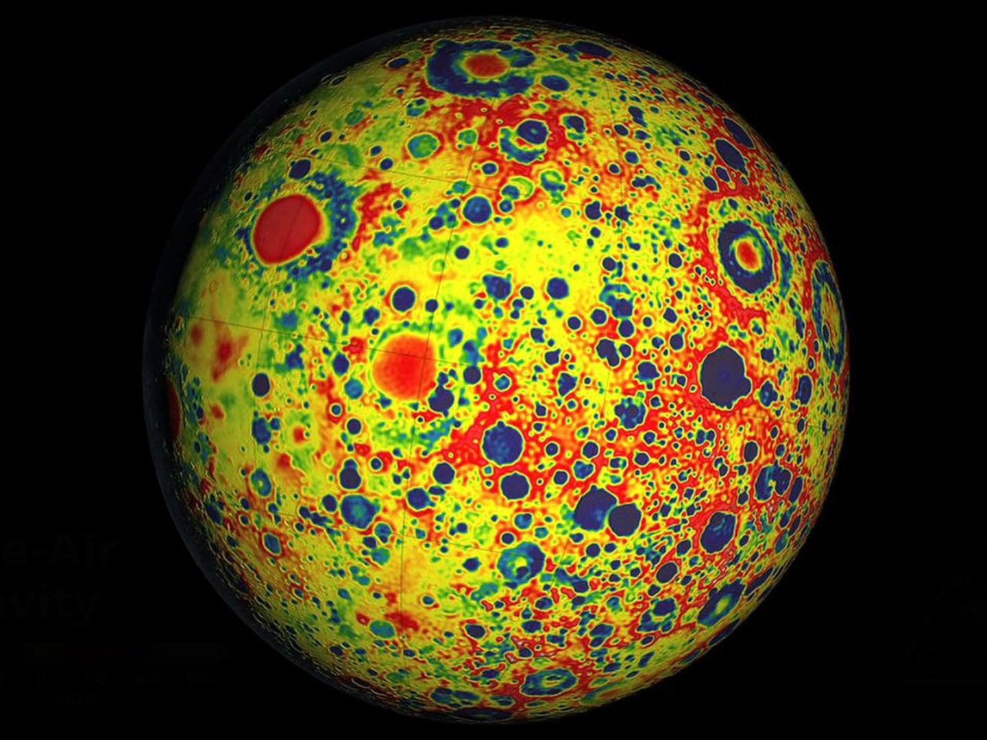 Gravity map of the moon, with variations shown in bright primary colors. The pattern resembles craters. Gravity map of the moon, with variations shown in bright primary colors. The pattern resembles craters.