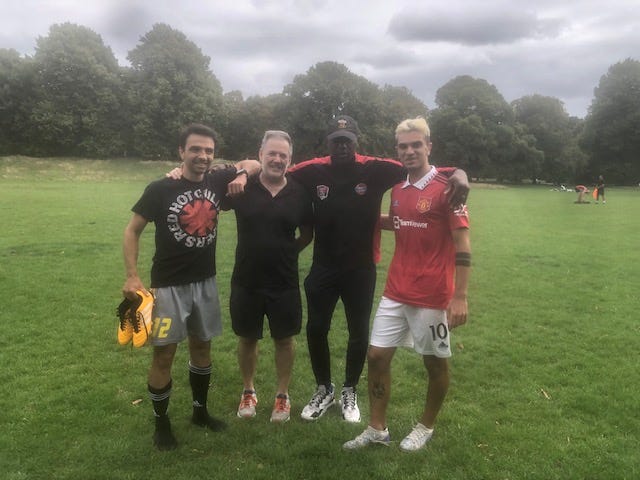 4 of our 5 rookies today (from left to right: Nicolas, David, Tony, Federico), underneath the lovely London sky