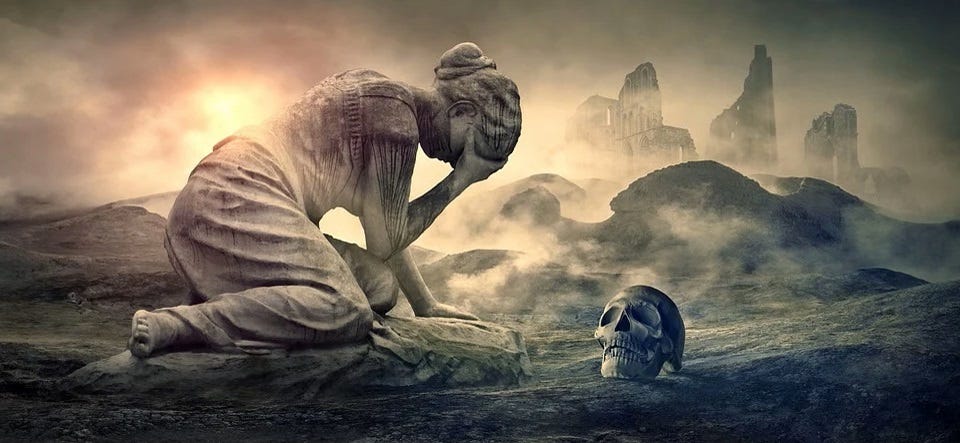 Statue grieving in the wasteland