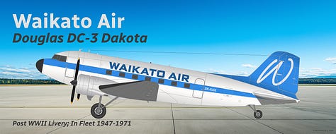 Gallery of Douglas DC-3 airliners operated by South Island Airways and Waikato Air during the years after World War II: (1, 2, 3) South Island Airways Douglas DC-3 in side view while in midflight, landing and parked; (4, 5, 6) Waikato Air Douglas DC-3 in side view while in midflight, landing and parked.