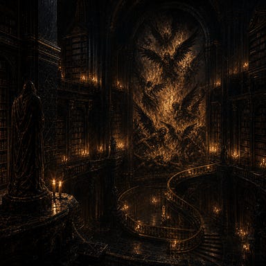 Library of Burning Angels in the Amber Temple, towering black marble shelves, fresco of burning angels with charred wings and hollow eyes, gold marble staircase spiraling down, eerie candlelight, Barovian gothic atmosphere