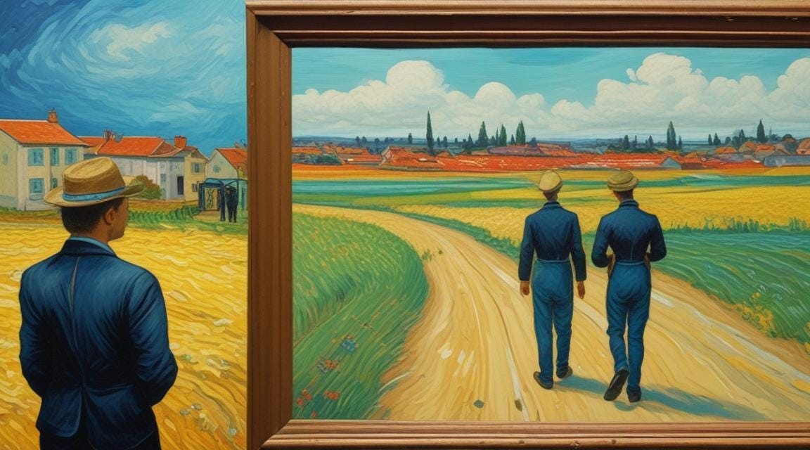 outsider looking into picture frame of two people walking