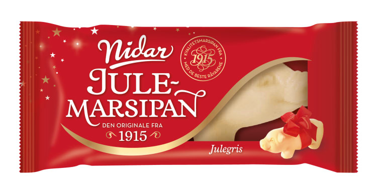 Marzipan pig in a wrapper proclaiming it has been produced by Nidar since 1915 Marzipan pig in a wrapper proclaiming it has been produced by Nidar since 1915